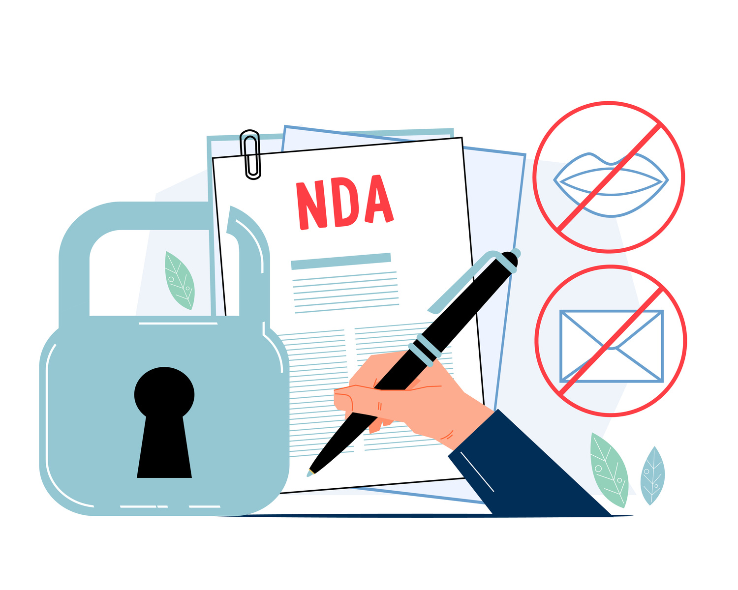 Non-Disclosure Agreements NDA sign to protect confidential information and trade secrets, flat vector illustration isolated on white background. NDA and process of signing and enforcing it legally.
