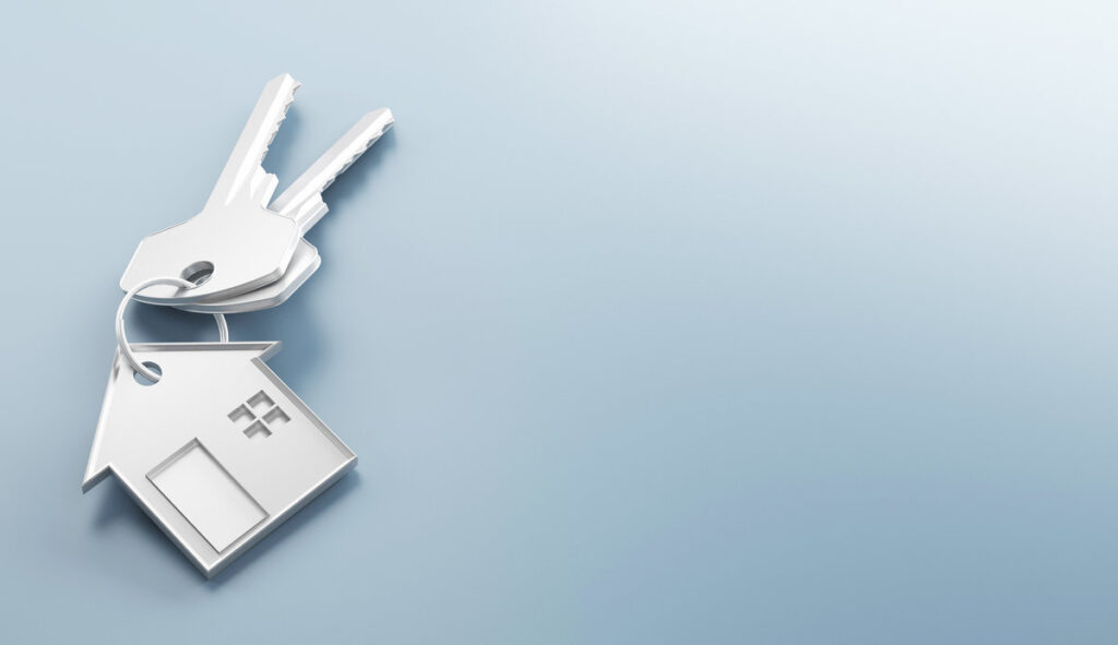 Mortgage, investment, real estate and property concept - close up of house keys. 3d rendering illustration